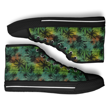 A pair of Chokefish Urban Peak Retro High Tops sneakers with a cannabis leaf pattern in multiple colors.